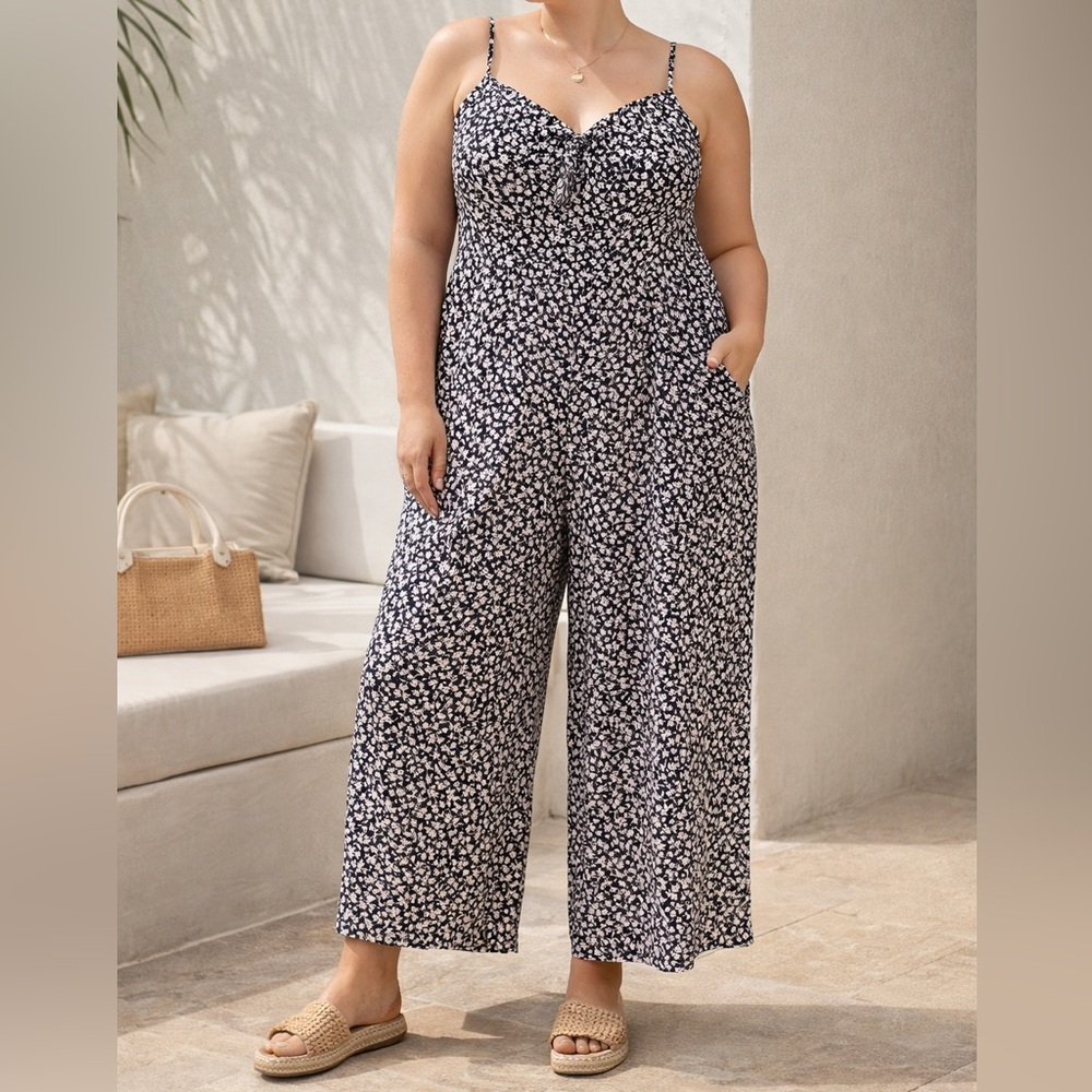 J. Crew NWT Tie-Front Wide-Leg Jumpsuit in Navy White Ditsy Floral Print Size 16